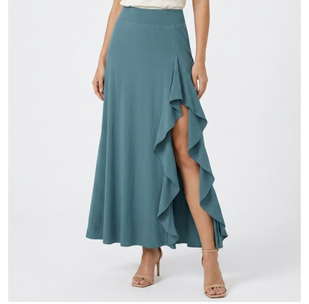 Halara Breezeful Maxi Skirt XS Ruffle Slit High Waist 2-in-1 Resort Blue-Green